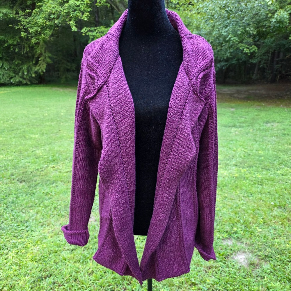 HABITAT Women's M/L Plum Purple Chunky Knit Cotton Open Front Cardigan Lagenlook